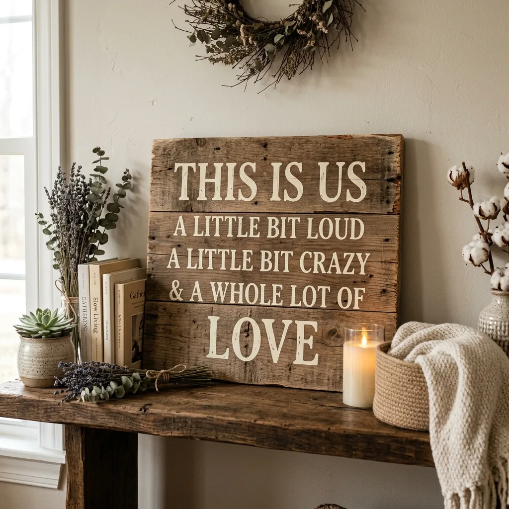 DIY wooden farmhouse sign on a styled shelf